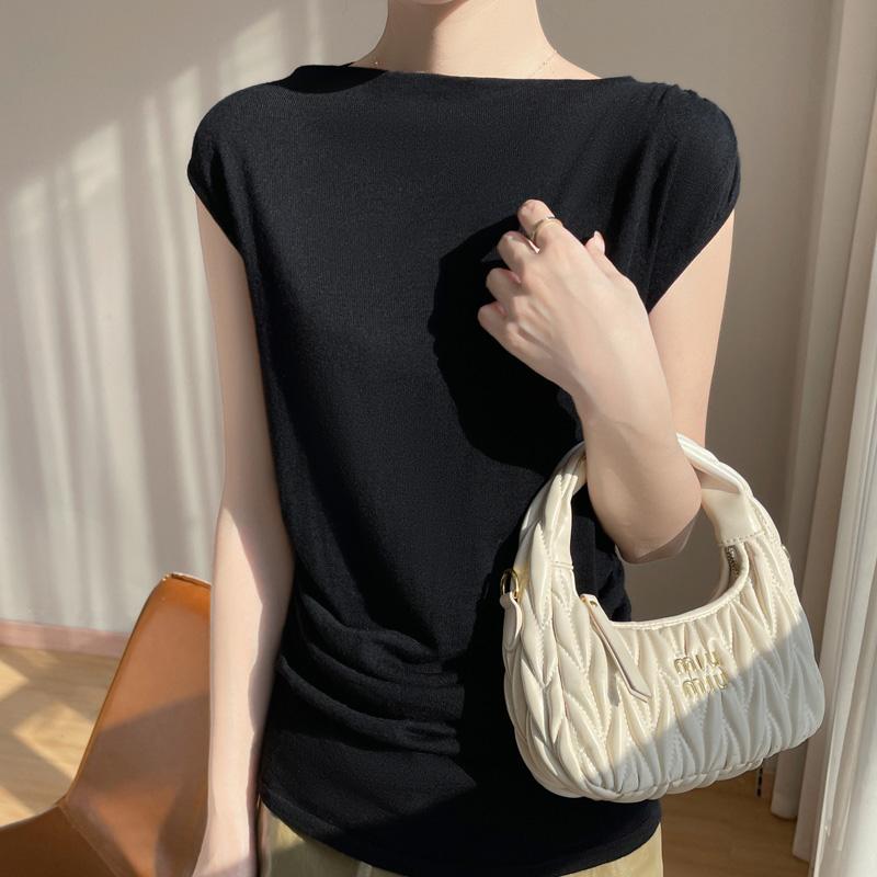 Women's Wool Sleeveless Pullover Qinghe Cashmere 50% Silk 50% Wool Spring and Summer Wool Short Sleeve Soft Comfortable Warm