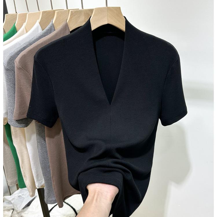 Threaded Fashion V-neck Short-sleeved T-shirt Women's Summer New Slim-fit Half-sleeved T-shirt Top