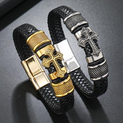 Mens Braided Leather Bracelet Punk with Cross Magnetic Clasp Minimalist Wristband Accessory
