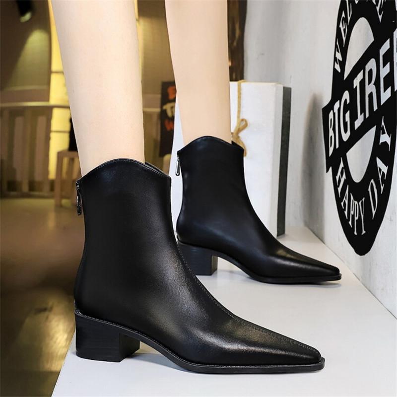 Fashion New Autumn Winter PU Leather Women Boots Fashion Pointed Toe Chelsea Boots for Women Black Short Boots Chunky Heel Botines Mujer