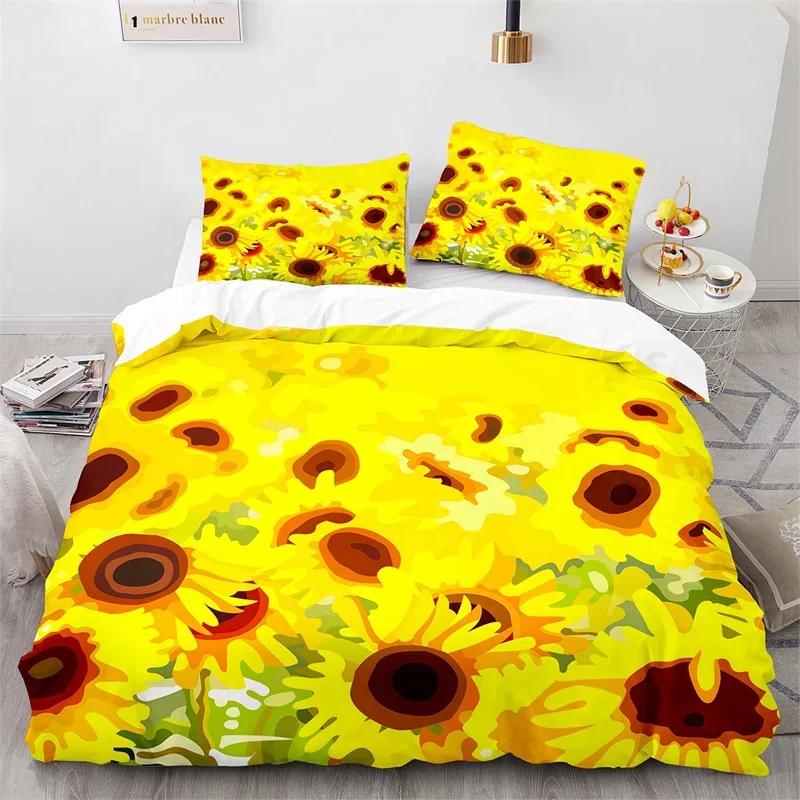 Sunflower Duvet Cover Botanical Floral Leaves Comforter Cover Twin King Size For Girl Women Microfiber Yellow Flower Bedding Set