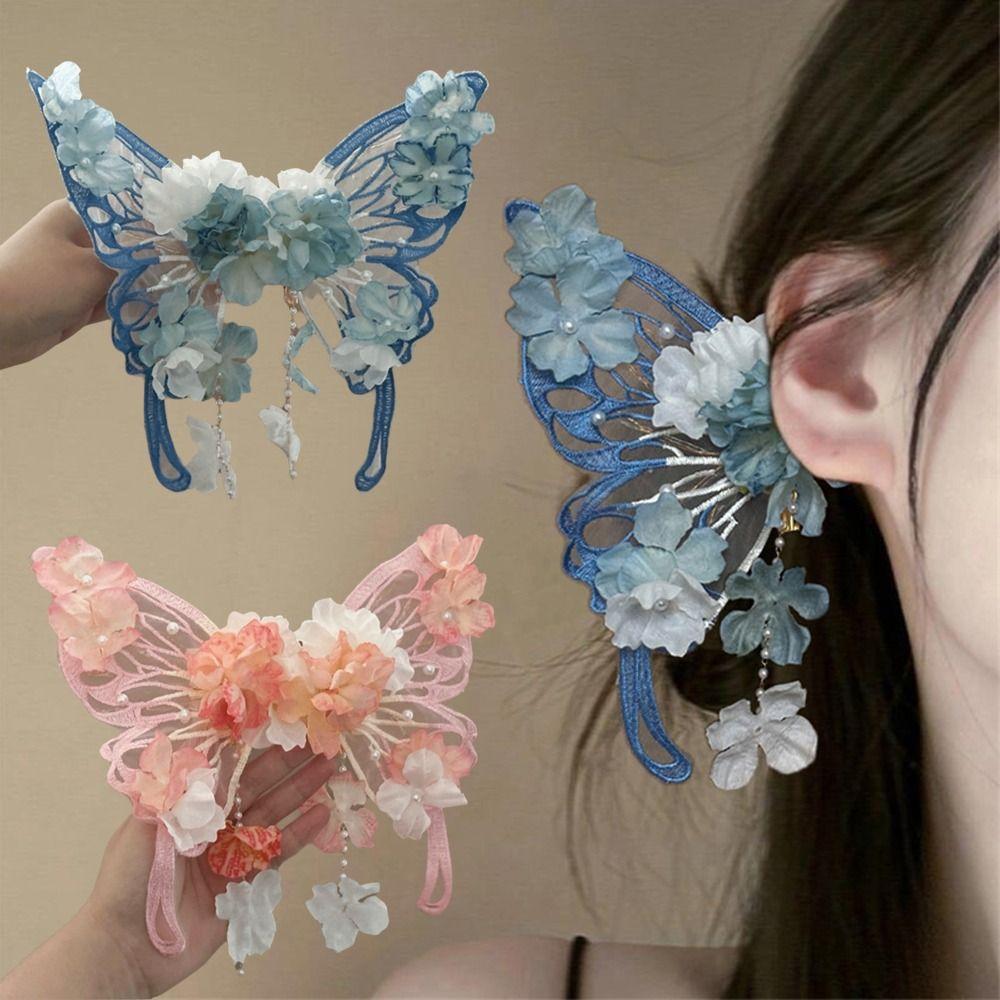 2pcs/set Elegant Hair Clip Ancient Style Tassel Hairpin Flower Silk Headwear  For Women Girls