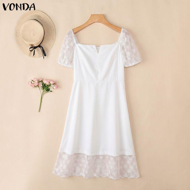 VONDA Women's Square Neck Elegant Lace Puff Sleeve Summer Dress A-Line Party Sundress