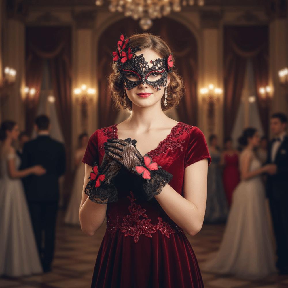 Lace Rhinestone Butterfly Prom Mask+ Gloves Sexy Vintage Half Face Mask Set Elegant Halloween Lace Masquerade Masks