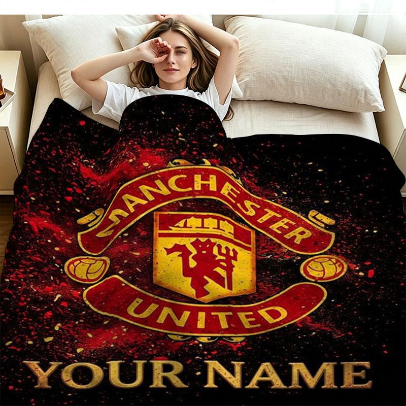1PC Manchester United F Custom Name Patterned Flannel Blanket Suitable For All Seasons for Home Decor Warmth and Comfort Gifts Holiday Present