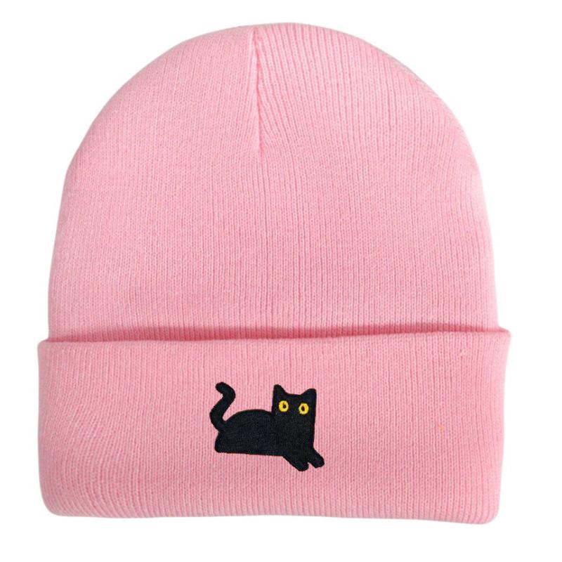 Stretchy And Lightweight Knit Beanies Embroidered Black Cat Knit Hat For Women Men Winter Warm
