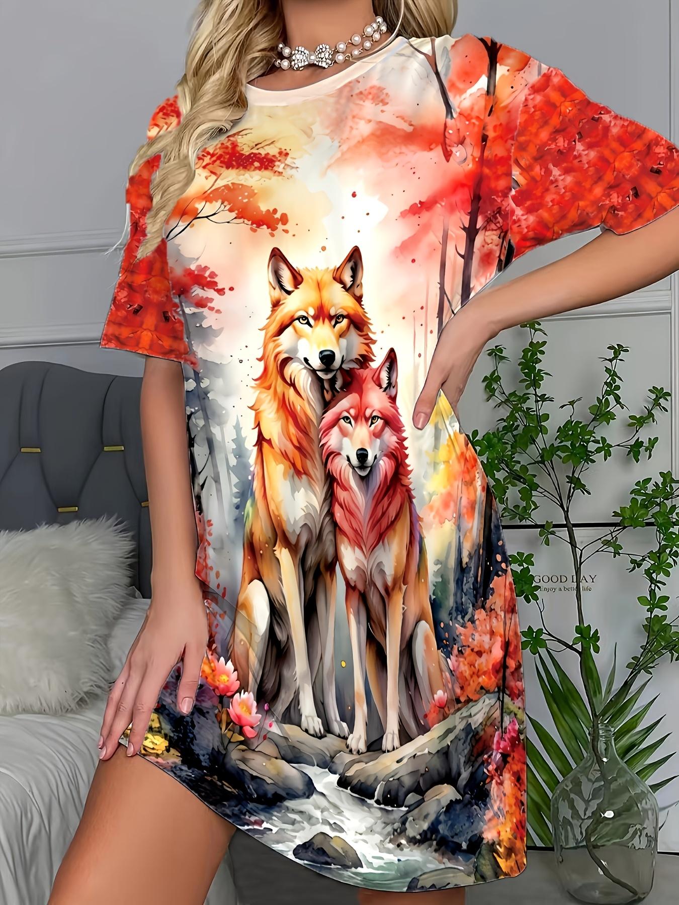 

Women S Round-Neck Dress with a Wolf Print XL дубильная кора