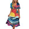 Women V Neck Short Sleeve Casual Dress Summer Hawaiian Print Midi Dress Loose Fit Lightweight Soft Fabric Flowy Skirt Beachwear