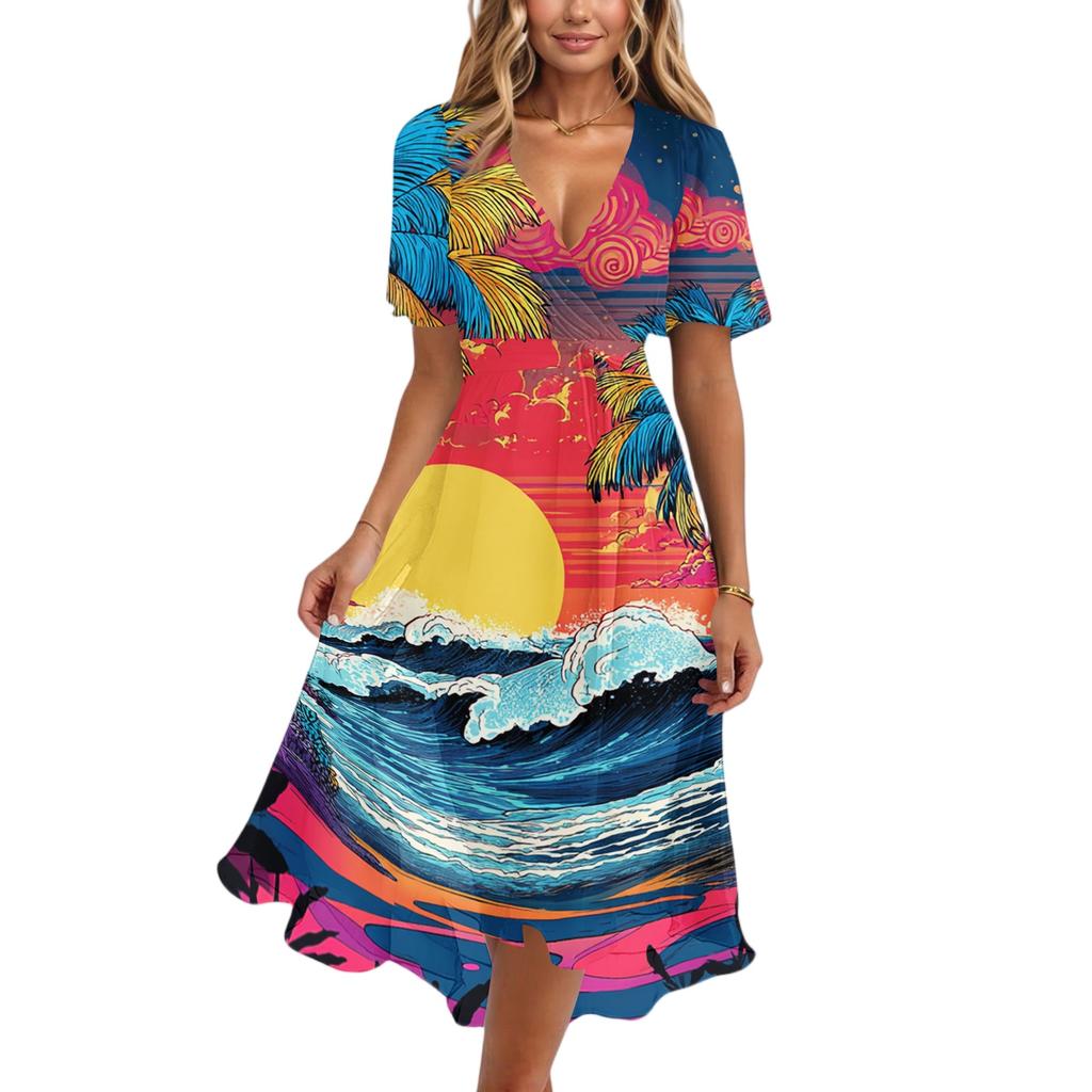 Women V Neck Short Sleeve Casual Dress Summer Hawaiian Print Midi Dress Loose Fit Lightweight Soft Fabric Flowy Skirt Beachwear