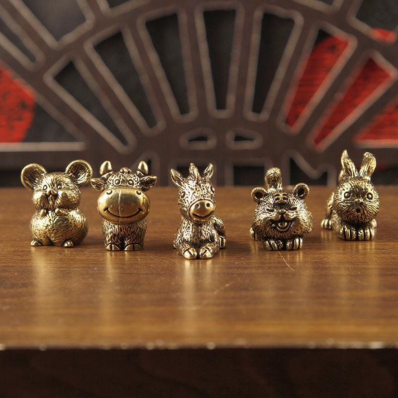 Brass 12 Zodiac Animal Head Sculpture Small Statue Desktop Ornaments Vintage Beast Figurines Mini Lucky Home Decorations Crafts