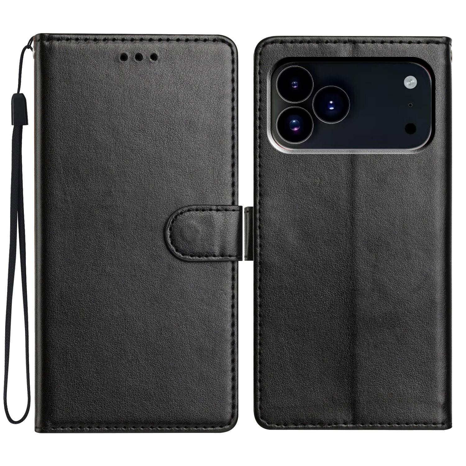 

For iPhone 17 Pro Max Leather Case Wallet Stand Phone Cover with Handy Strap Black