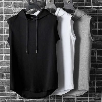 New Sleeveless Vest Top, Men's Casual T-shirt, Solid Color Hooded Sweatshirt, Tie Up Style