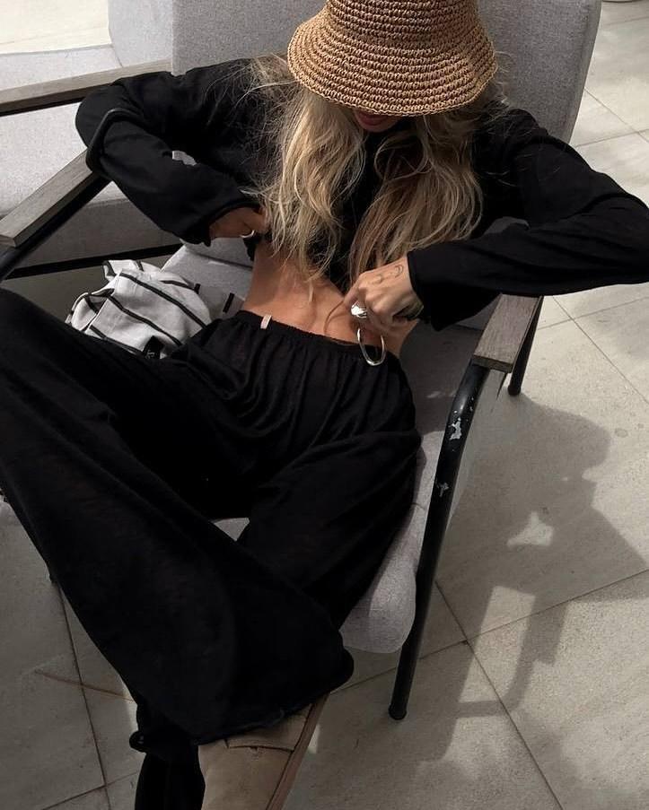 

White Long Sleeve Top and Wide Leg Pants Set, Casual Loose Fit Outfit for Women, Comfortable Streetwear XL чорний