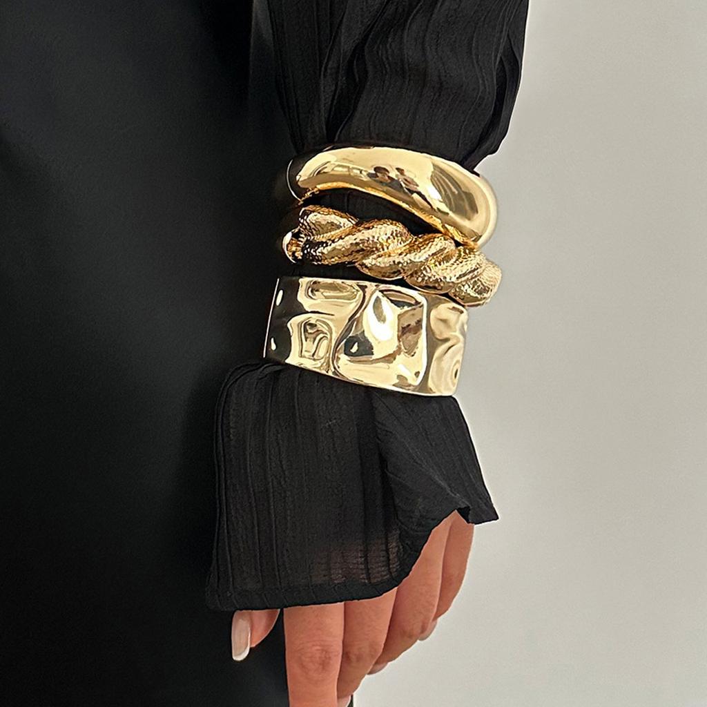Gold Color Hip Hop Metal Irregular Spring Bangles Punk Wide Cuff Geometric Bracelets Couple Women Men Emo Party Jewelry