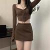 Autumn Style: Brown Long-Sleeve Top & Hip Short Skirt Two-Piece Set for Women