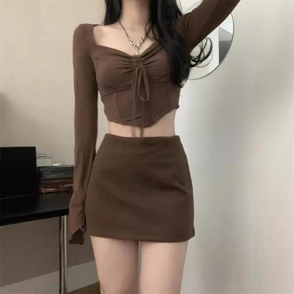Autumn Style: Brown Long-Sleeve Top & Hip Short Skirt Two-Piece Set for Women