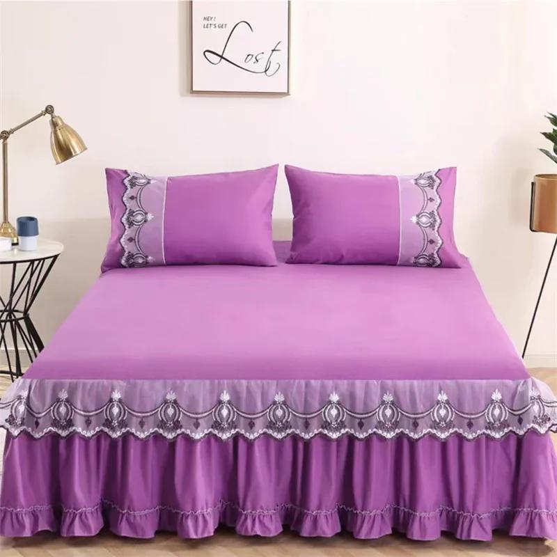 3pcs Bed Skirt Bedspread Pillowcase Ruffle Lace Anti Slip 1.8x2.0m Bed Cover Solid Colour Lace Mattress Dust Bedding Cover
