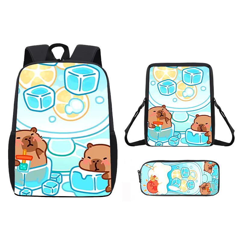 Ice Doughnut Cubes Capybara Cute Cartoon Pattern Backpack Three Piece Set
