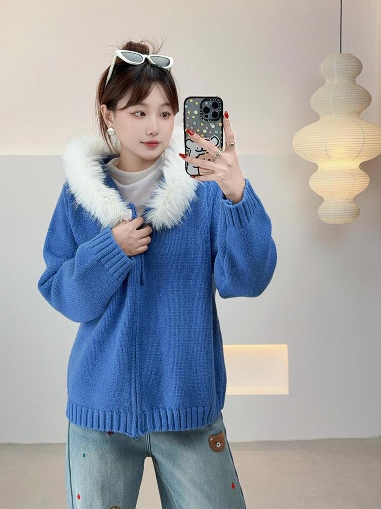 AI Yuan 2025 Winter Plus Size Women's Hooded Sweater with Fur Collar & Dual Zipper, Design MM F701.