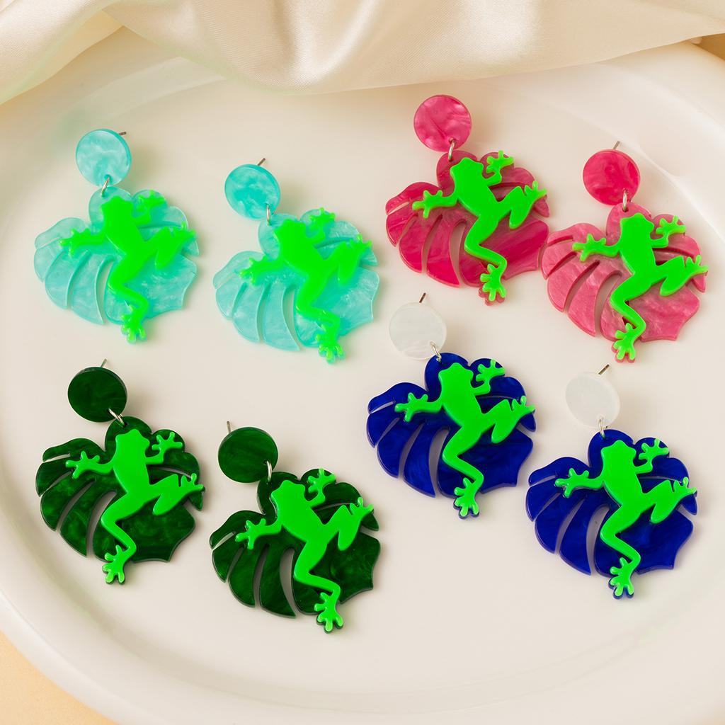 Creative Design Earrings Personality Fun Funny Frog Leaf Acrylic Fashion Earrings