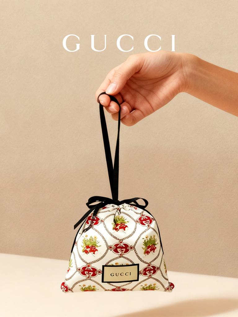 Vintage Floral Drawstring Pouch Bag, Rope Chain Print Makeup Organizer, Elegant Jewelry Storage Gift Bag GUCCI-GIFT-63