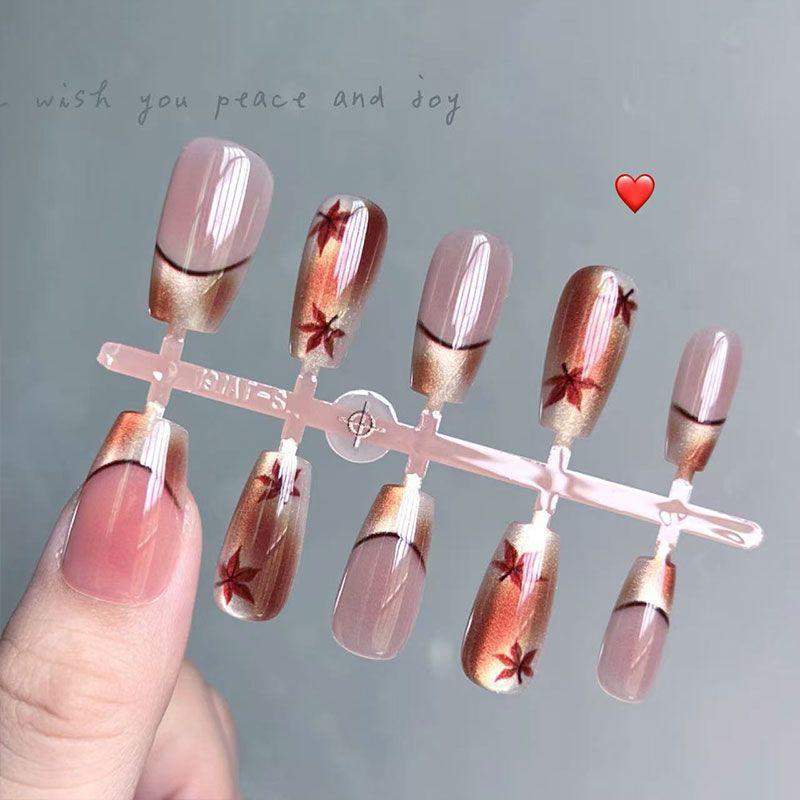 10 Pcs Brown Maple Leaf Square Press On Nails Reusable Full Cover Fake Nail Tips Simple Art Design