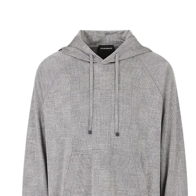 Emporio Armani Ss23 Checkered Drawstring Hooded Pullover Knit Sweater Men Sweater Gray 3R1B6P-1J28Z-0616
