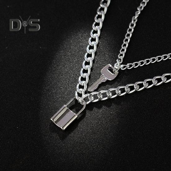 Women Necklace Smooth Two Layers Key And Lock Pendant Hollow Chain Retro Stainless Individual Clavical Necklace Neck Decoration Jewelry