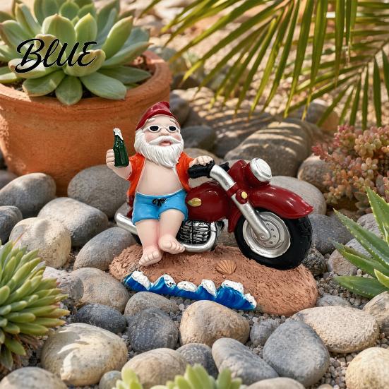 Polished Corner Decoration Funny Summer Beach Santa Motorcycle Figurine with Beer, Resin Motorbike Gnome Outdoor Waterproof Ornament Sculpture, Garden