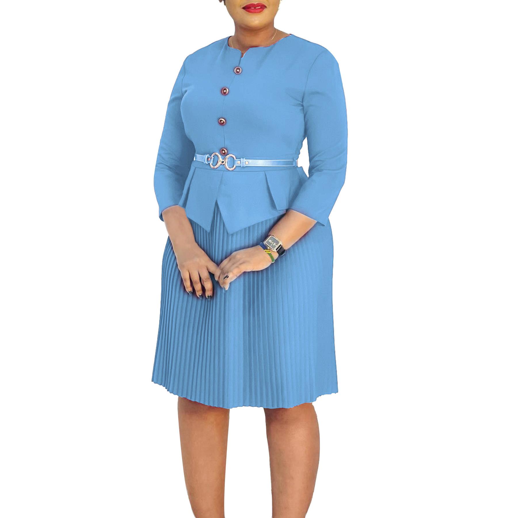 

Fashion new large-size women s clothing solid color button fake two-piece dress autumn XXXL світло-синій колір