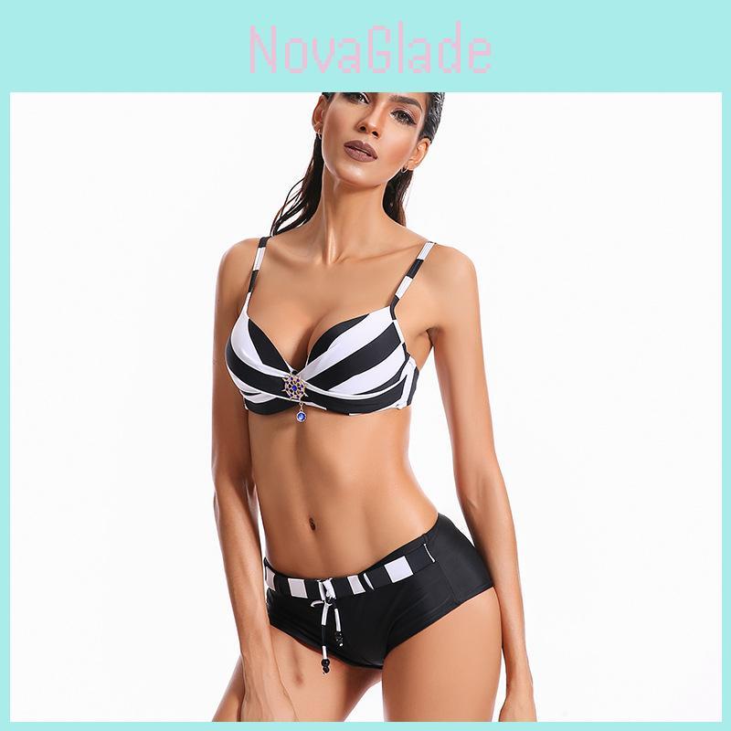Premium Quality 2 Pcs Summer Ladies Push Up Swimwear Stripe Bikini Set For Women