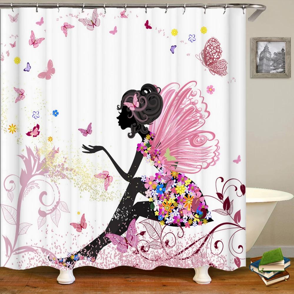 

Pink Flower Butterfly Girls Shower Curtains Bathroom Curtain Fabric Waterprood Polyester For Bath Decor Bath Curtain With Hooks W90xH180cm