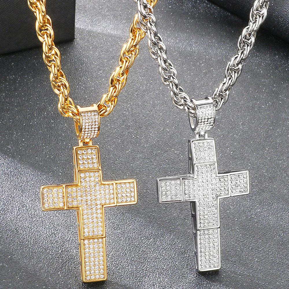 Hip Hop 316L Stainless Steel & Full CZ Cross Pendant Necklace Man Double Layer Hollow Cross Jewelry Gifts Trend Necklaces