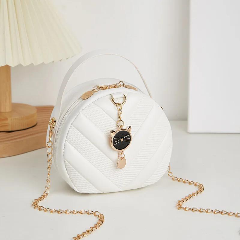 Casual  Shaped Bag for Women  Modern Fashion  Embossed Print  Cat Pendant  Diagonal Cross  Small Round Bag
