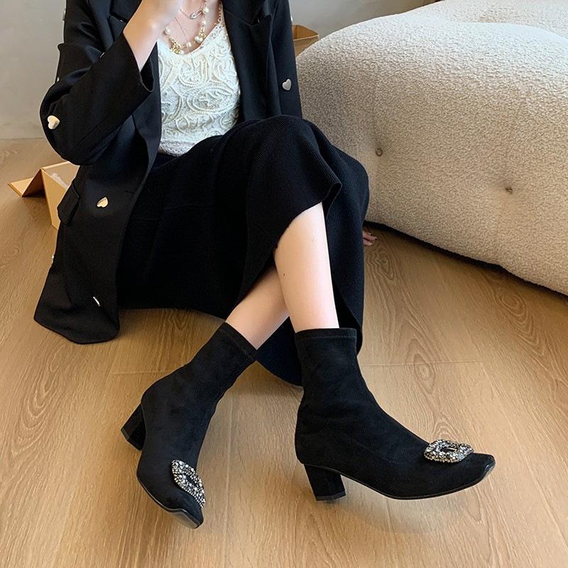 Black square head short boots women's winter new square buckle rhinestone elastic socks boots low heel thick heel suede