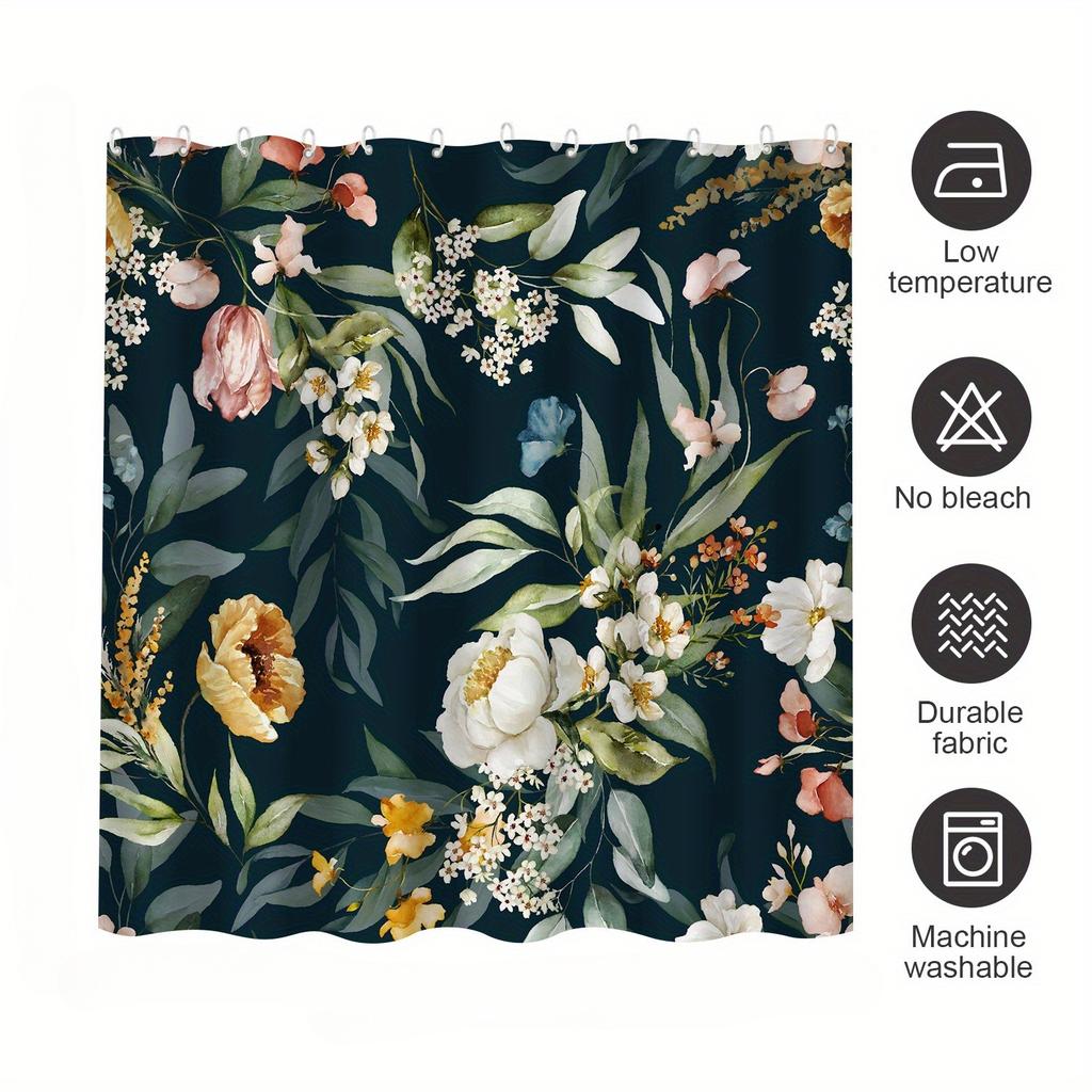 Elegant Midnight Floral Bath Curtain - Luxurious Flowers & Leaves, Waterproof Home Decor Adds Sophistication To Your Bathroom