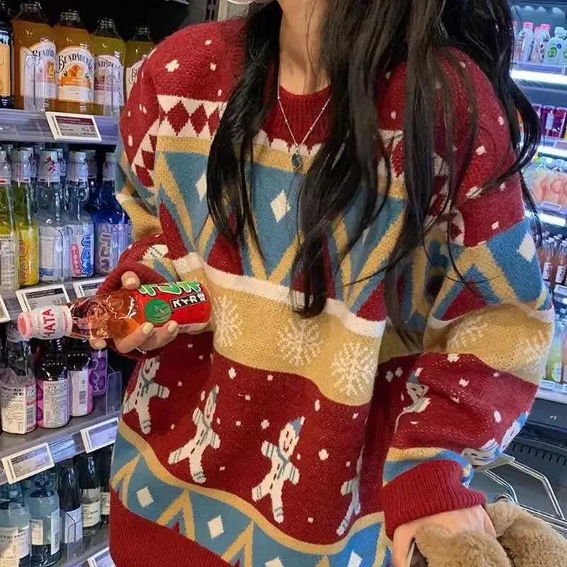 Winter New Vintage Sweater Y2K Christmas Warm Pullover Round Neck Pullover Women Street Casual Harajuku Loose New Year s Sweater S