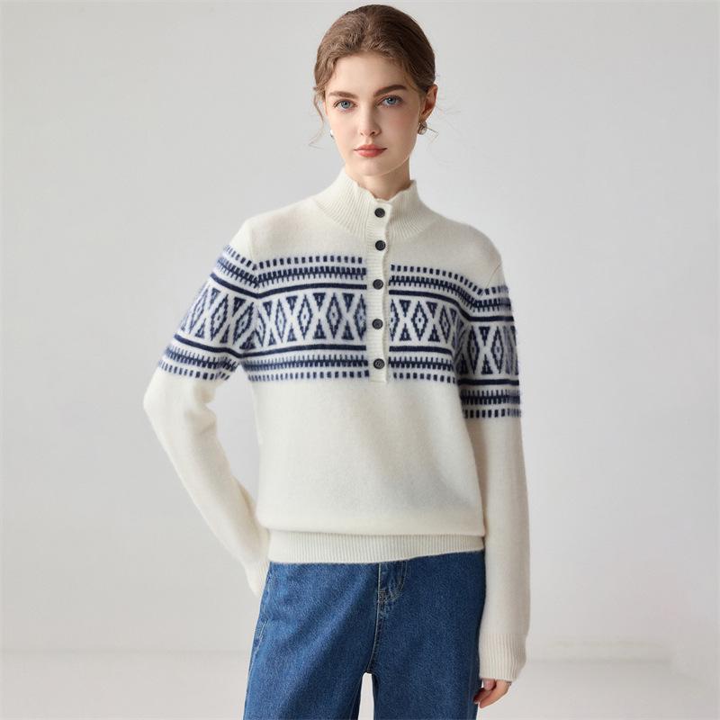 Women's Ethnic Style Fair Isle Jacquard Cashmere Half-Zip Sweater - Loose, Thick Winter Knit Top