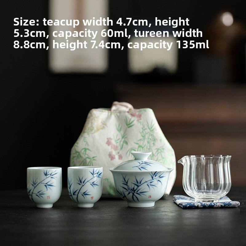 Underglaze Hand-painted Bamboo Cover Bowl Tea Set Fabric Tea Bag Kung Fu Tea Set Travel Portable Office