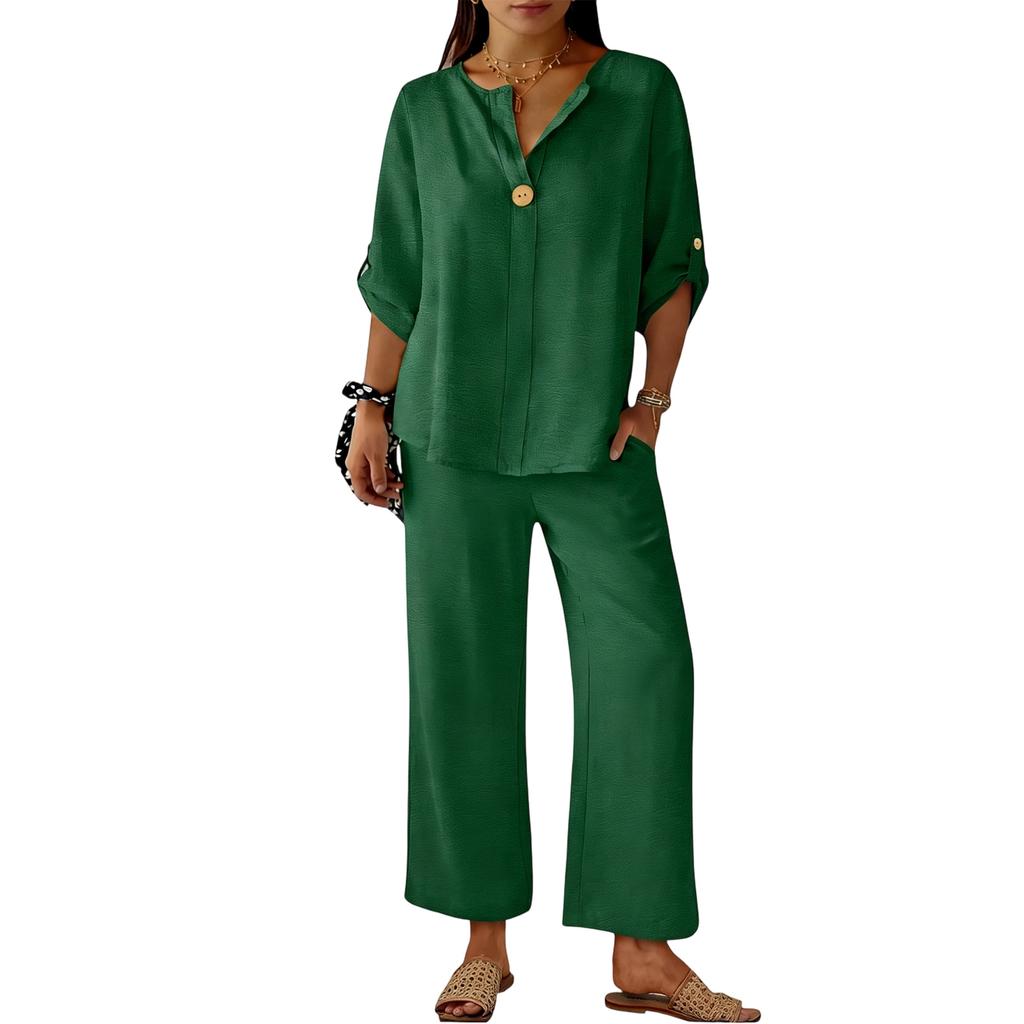 Women Two Piece Set Long Sleeve Loose Fit Blouse and Wide Leg Pants Casual Lightweight Outfit for Daily Wear