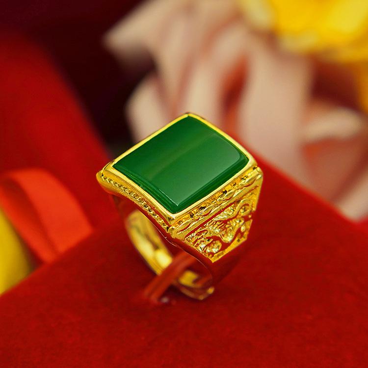 Men's Gold-Plated Brass Ring with Obsidian Sand and Agate