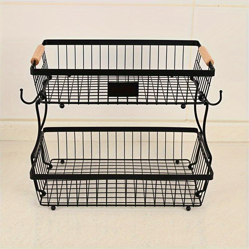 2-Tier Metal Fruit Basket with Banana Hooks, Durable Black Wire Storage Rack for Kitchen Countertop, Multi-Functional Storage