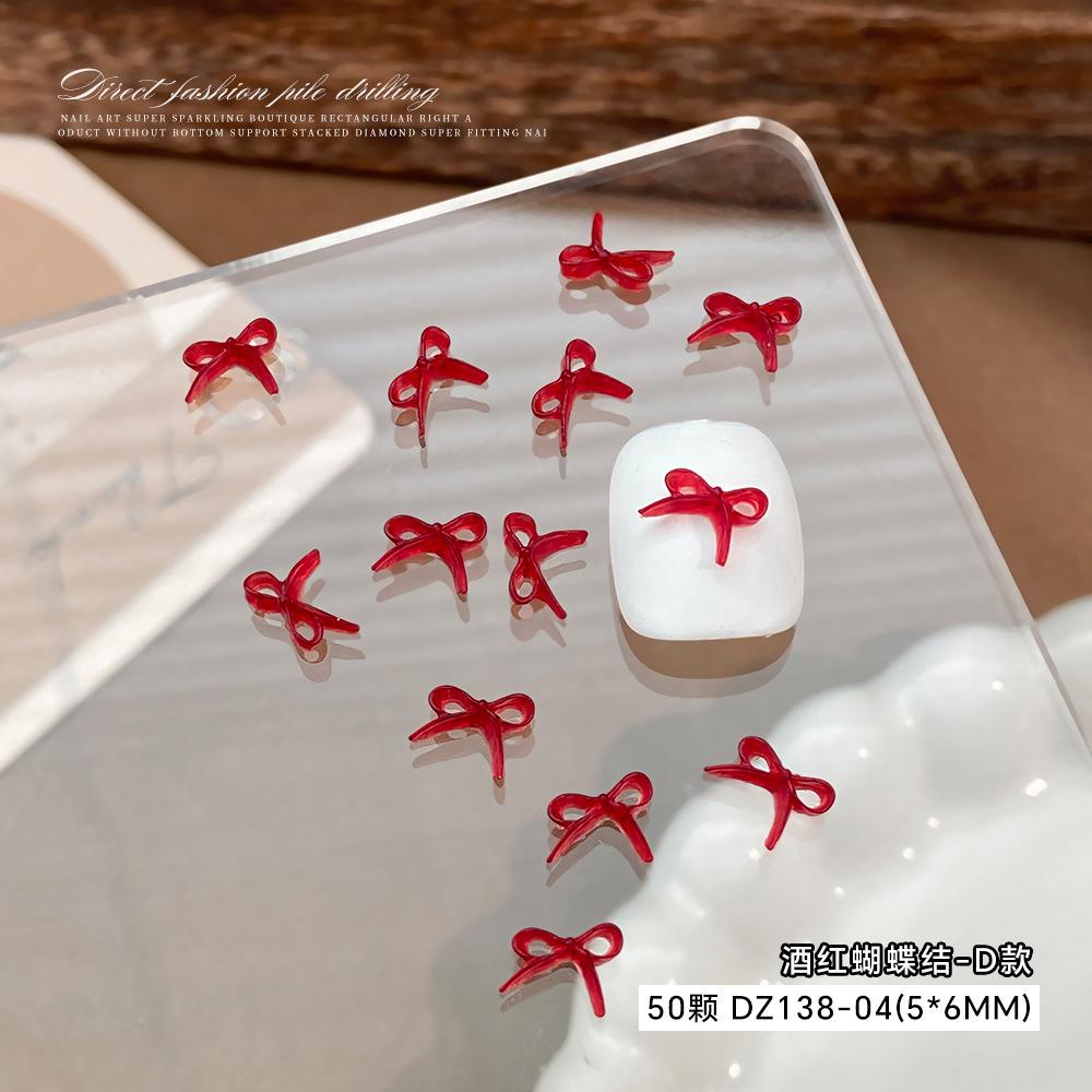 Wine Red Bow Nail Accessories Popular Online Items Solid Color Three-dimensional Hollow Tie Cartoon Resin
