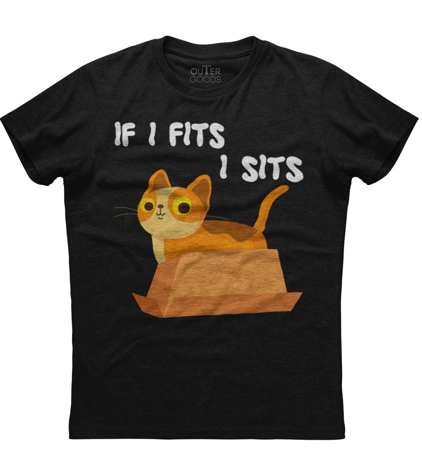 If I Fits I Sits Cat Meme Womens Short Sleeve Cotton Black T-shirt S