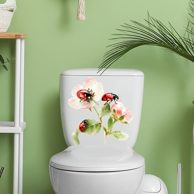 Hand Painted Floral Ladybug Toilet Seat Sticker Waterproof Self-Adhesive Removable Decal for Bathroom WC Decoration