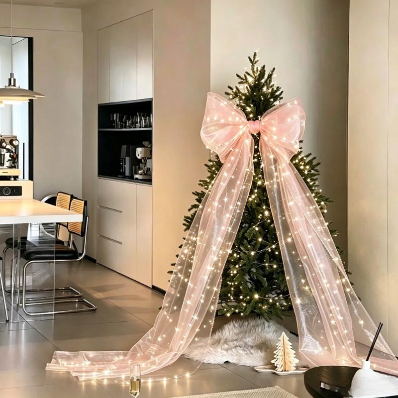 Glowing Pink/White Giant Bows Pendant for Christmas Tree Home Door Window Corridor Sparkly Organza Bowknot Hanging Decor Prop