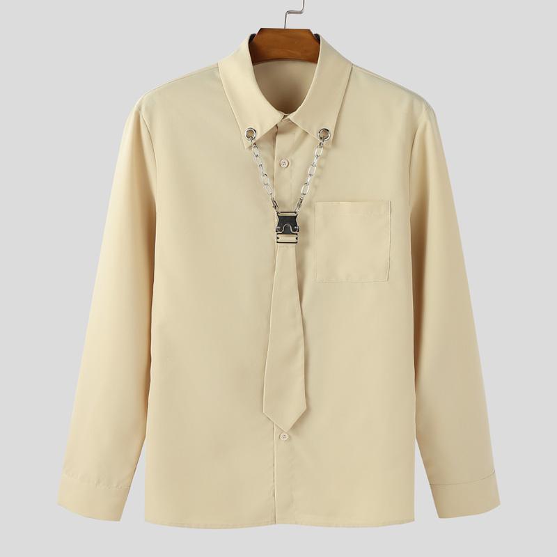 INCERUN Spring Men Tie Lapel Neck Long Sleeve Casual Loose Oversized Shirts Tops