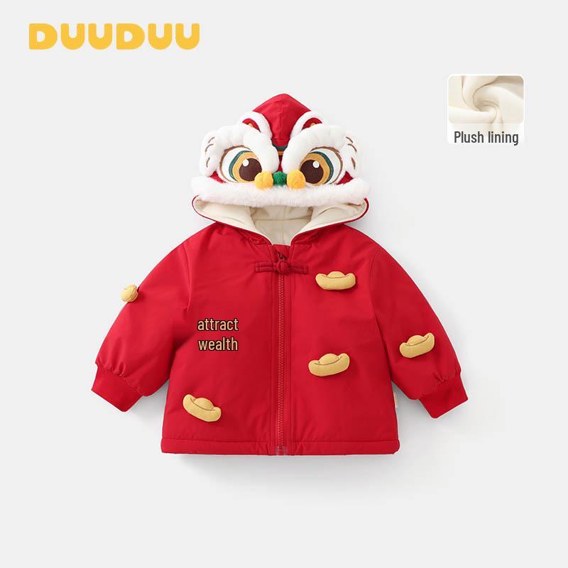 DUUDUU Red First Birthday Baby Padded Jacket with Fleece Lining - 2025 Style, Thickened Cotton for Kids 80cm