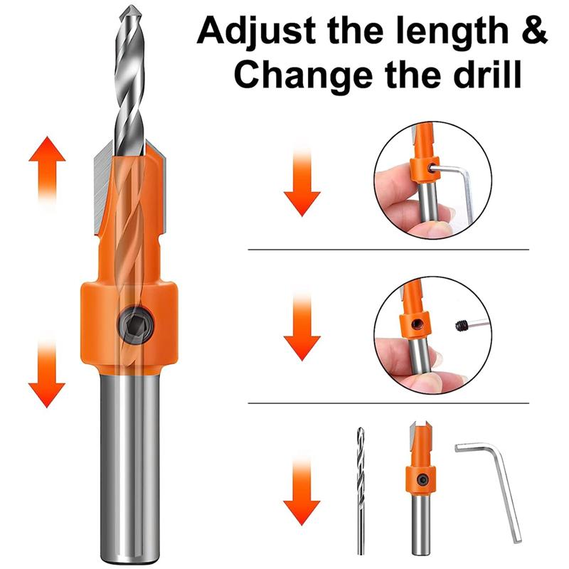 AD23-5 PCS Quick Change 8Mm Adjustable Countersink Drill Bit Set Orange Countersink Drill Bit With 5Pcs Replaceable Drill Bits