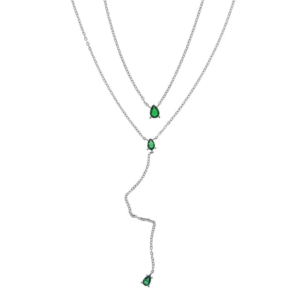 Fashion Jewelry Y Shape Double Chain Cz Green Water Drop Zircon Pendant Long Thin Chain Girl Women Necklace 35+10cm